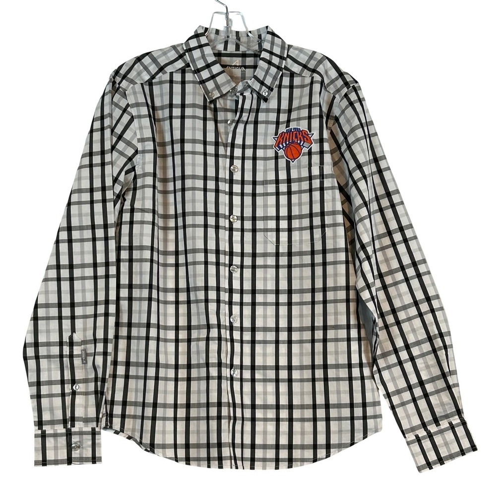 NWT Antigua Mens New York Knicks Plaid Button Down Shirt White Black MSG - Small